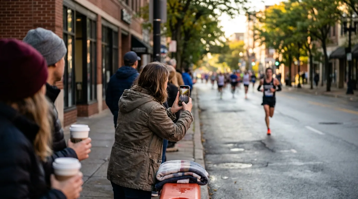 Spectatrice photographiant au smartphone un coureur qui arrive en ligne droite sur une course sur route