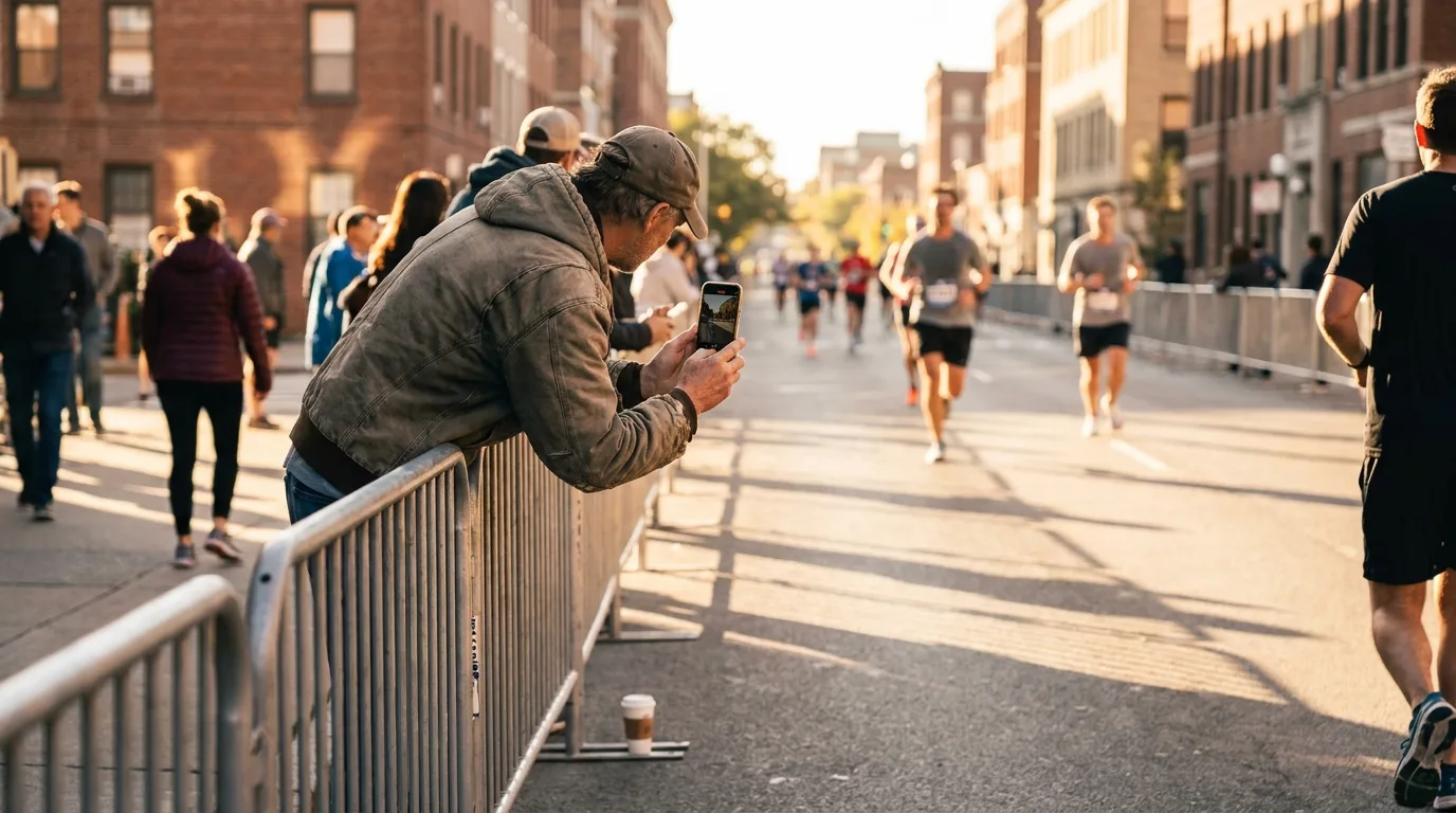 Spectateur photographiant des coureurs avec son smartphone au bord d'une course