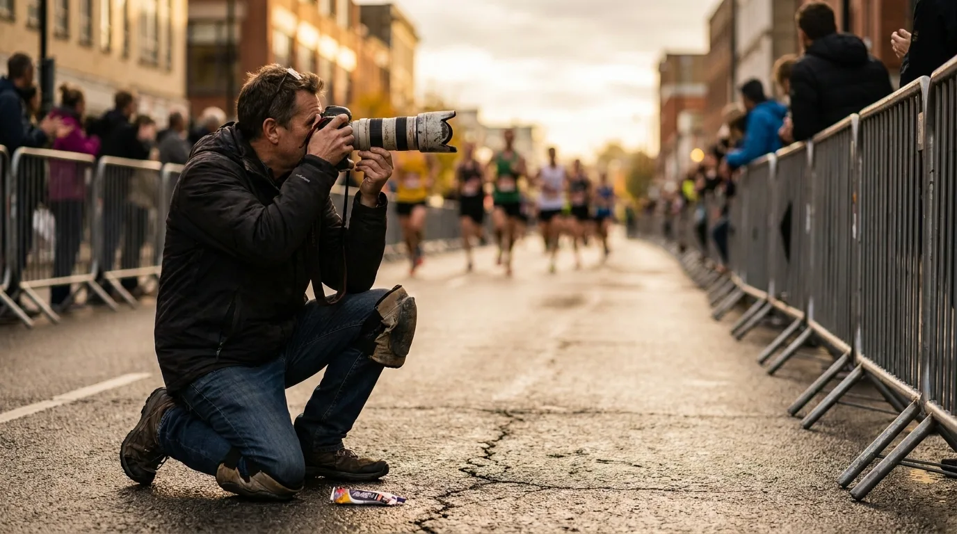 Photographe sportif agenouillé au bord d'une course sur route, téléobjectif pointé vers les coureurs